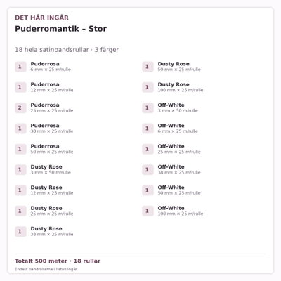Det här ingår – Satinbandspaket – Puderromantik – Stor – 18 rullar