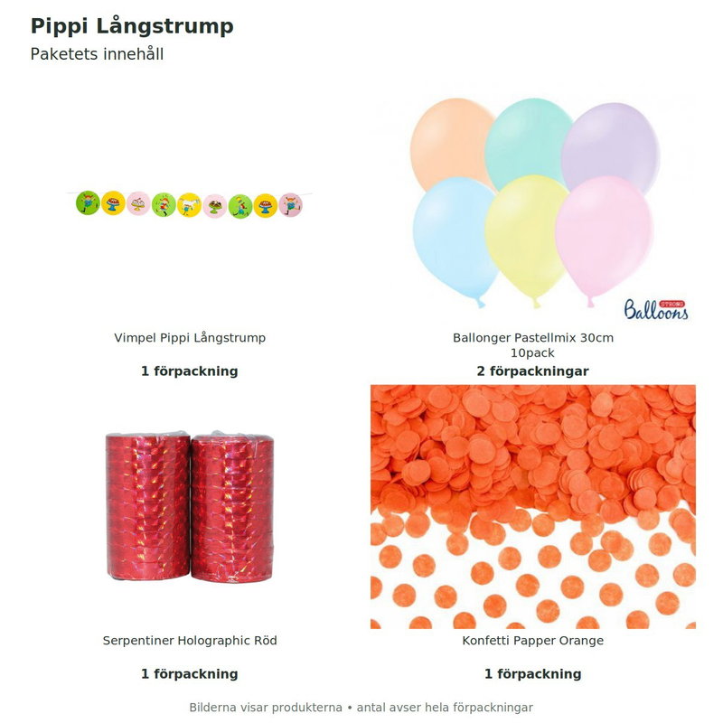 Pippi Långstrump – dekorationspaket Stort – innehåll och antal