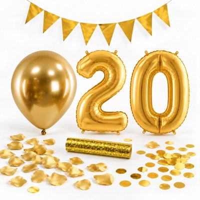 20-års festpaket, Guld, Stor – paketets dekorationer på vit bakgrund