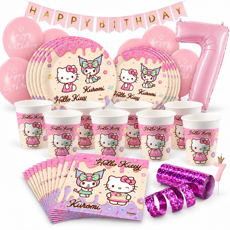 Hello Kitty & Kuromi – 7-årskalas – kalaspaket för 8 gäster – paketets produkter