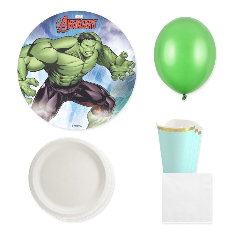 Hulken – tårtbild, mintgrön/vit dukning och gröna ballonger för 6 gäster