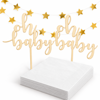 Babyshower för tvillingar – två toppers och guldstjärnor – samlat paketinnehåll