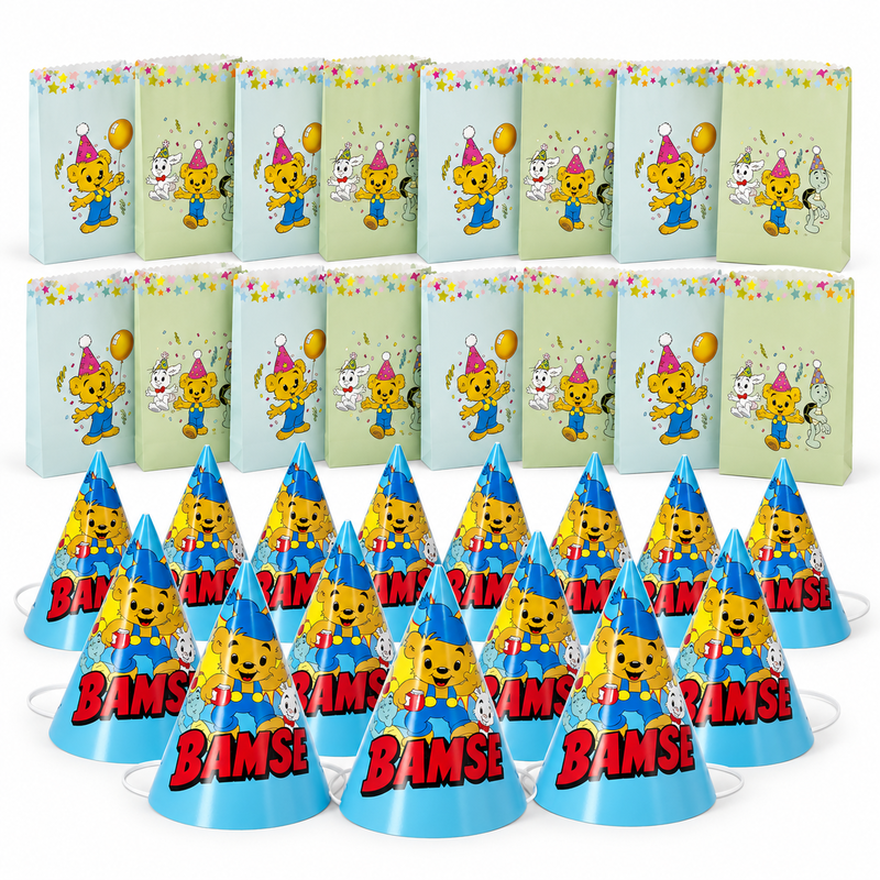Bamse – kalaspåsar och partyhattar för 16 barn – paketets produkter