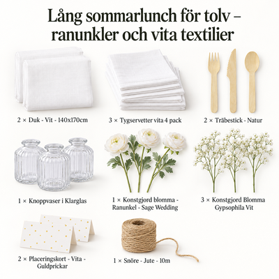Lång sommarlunch för tolv – ranunkler och vita textilier – innehåll och antal försäljningsförpackningar