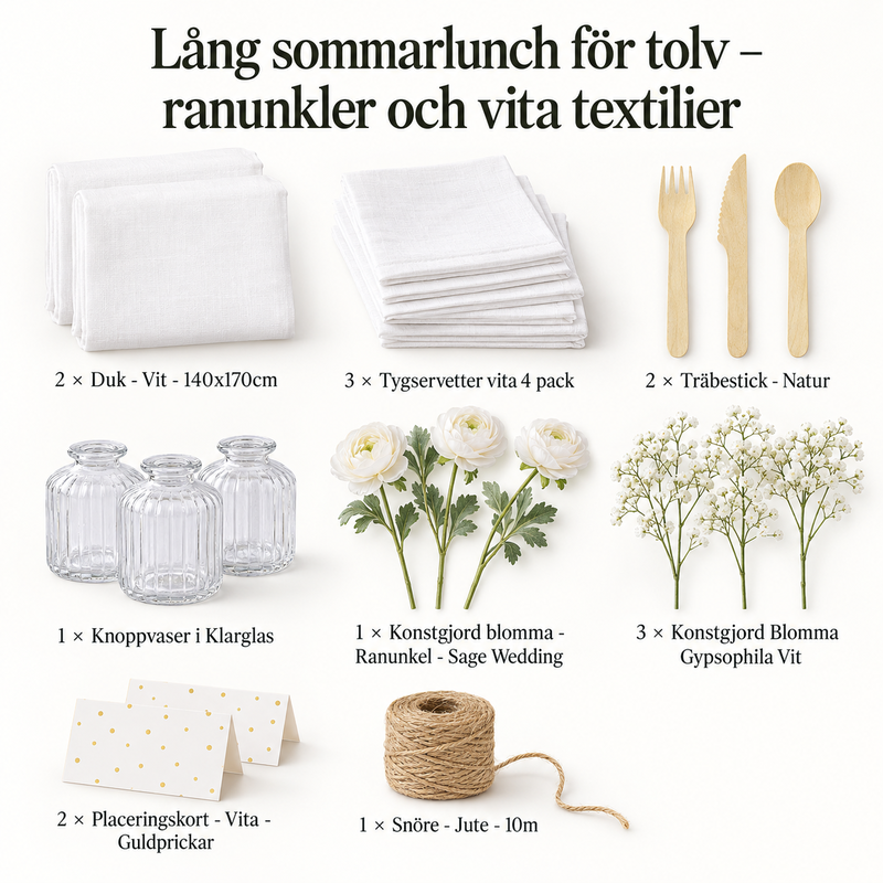 Lång sommarlunch för tolv – ranunkler och vita textilier – innehåll och antal försäljningsförpackningar