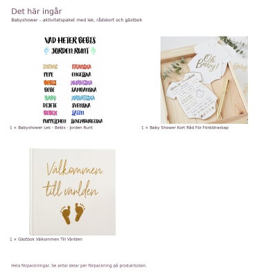 Babyshower – aktivitetspaket med lek, rådskort och gästbok – innehåll och antal förpackningar