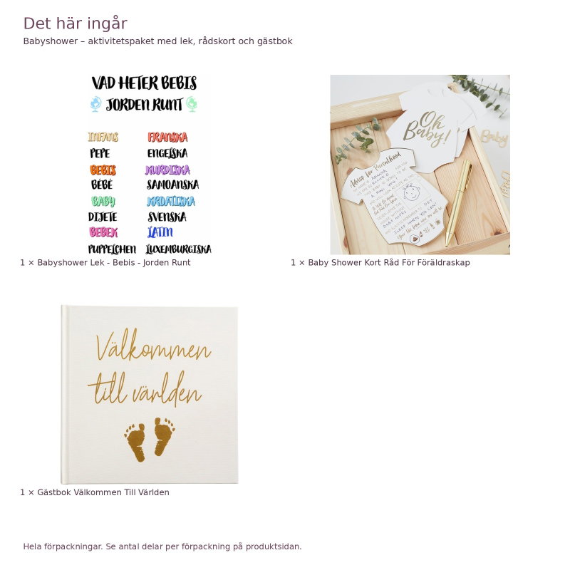 Babyshower – aktivitetspaket med lek, rådskort och gästbok – innehåll och antal förpackningar