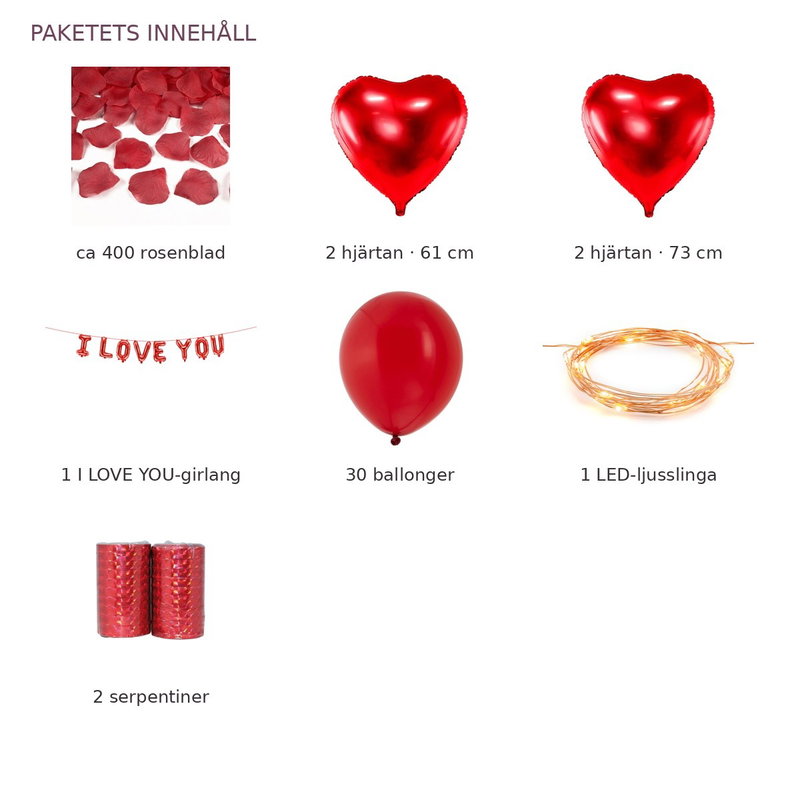 Frieripaket Deluxe – röda hjärtan & ljusslinga – produkter och antal