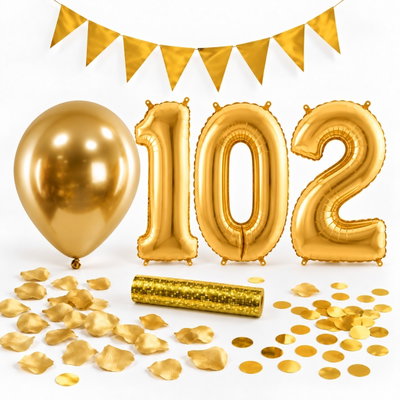 102-års festpaket, Guld, Stor – paketets dekorationer på vit bakgrund