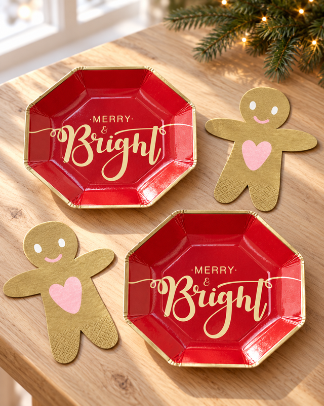 Juldukning med Merry & Bright-tallrikar och pepparkaksservetter