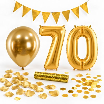 70-års festpaket, Guld, Stor – paketets dekorationer på vit bakgrund