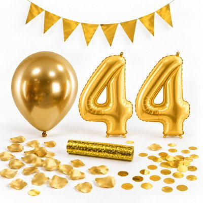 44-års festpaket, Guld, Stor – paketets dekorationer på vit bakgrund