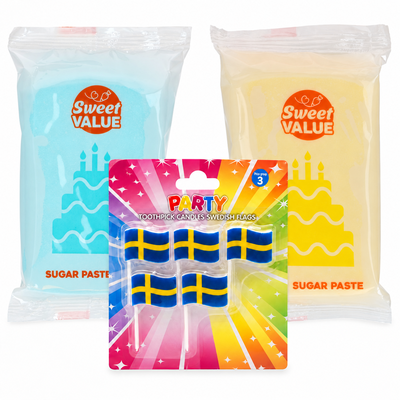 Nationaldagen – paketöversikt med blå och gul Sweet Value-sockerpasta 200 g samt Sverigeljus