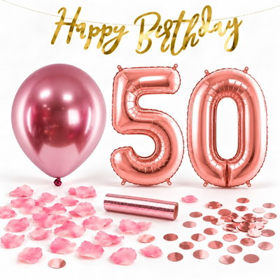 50-års festpaket, Roséguld, Stor – paketets dekorationer på vit bakgrund
