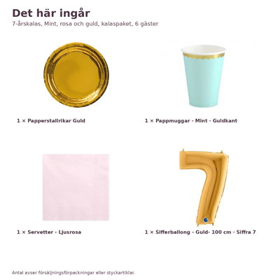 7-årskalas, Mint, rosa och guld, kalaspaket, 6 gäster – innehåll och antal, sifferballong 100 cm