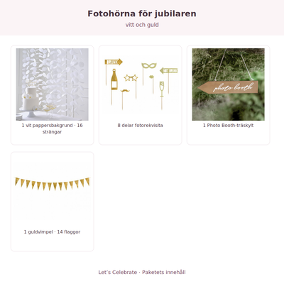 Innehåll och antal: Fotohörna för jubilaren – vitt och guld