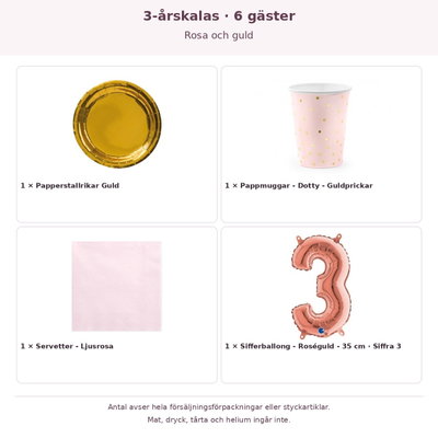 3-årskalas, Rosa och guld, kalaspaket, 6 gäster – innehåll och antal förpackningar
