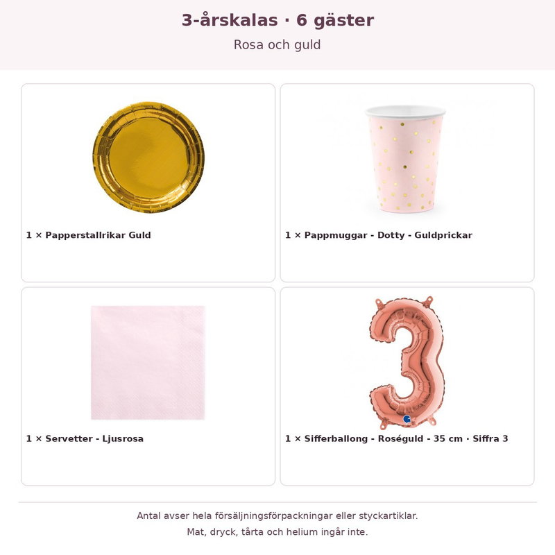 3-årskalas, Rosa och guld, kalaspaket, 6 gäster – innehåll och antal förpackningar
