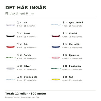 Det här ingår – Satinbandspaket – Färgsortiment 6 mm – 12 rullar