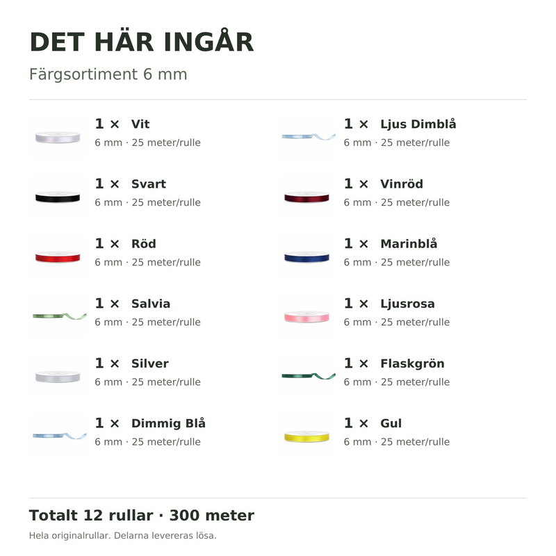 Det här ingår – Satinbandspaket – Färgsortiment 6 mm – 12 rullar