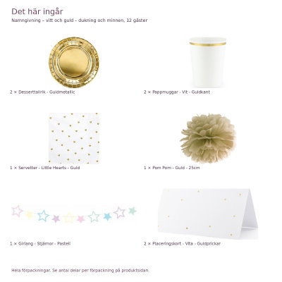 Namngivning – vitt och guld – dukning och minnen, 12 gäster – innehåll och antal förpackningar