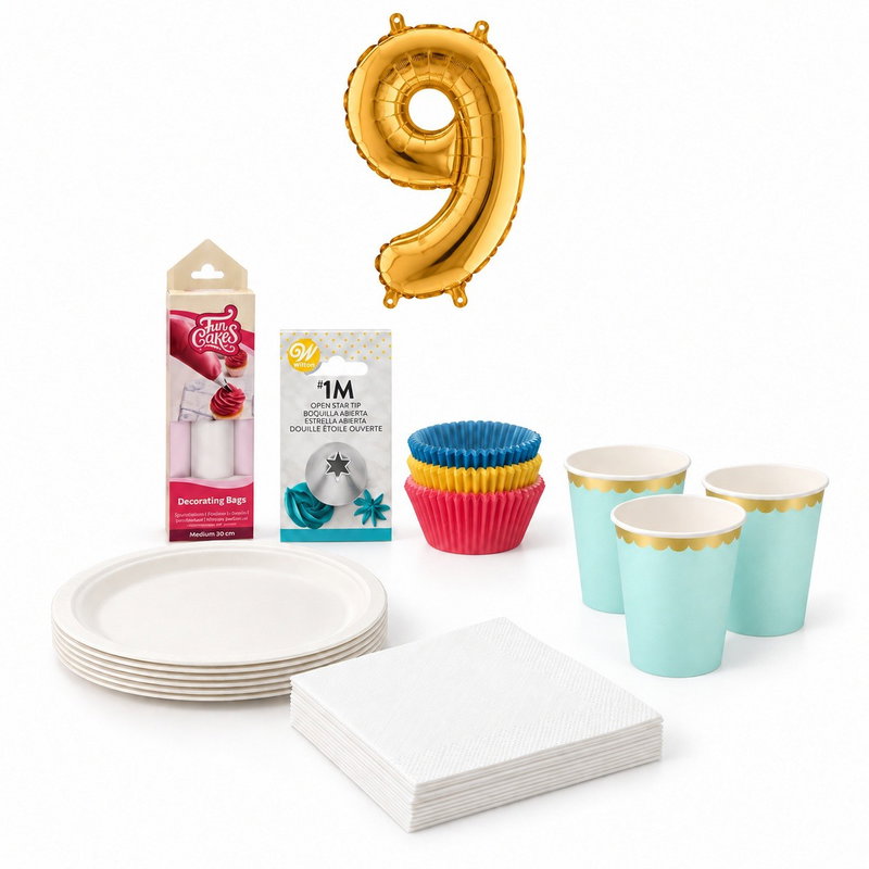 9-årskalas, Bakkalas – dekorera cupcakes, kalaspaket, 6 gäster – paketets produkter