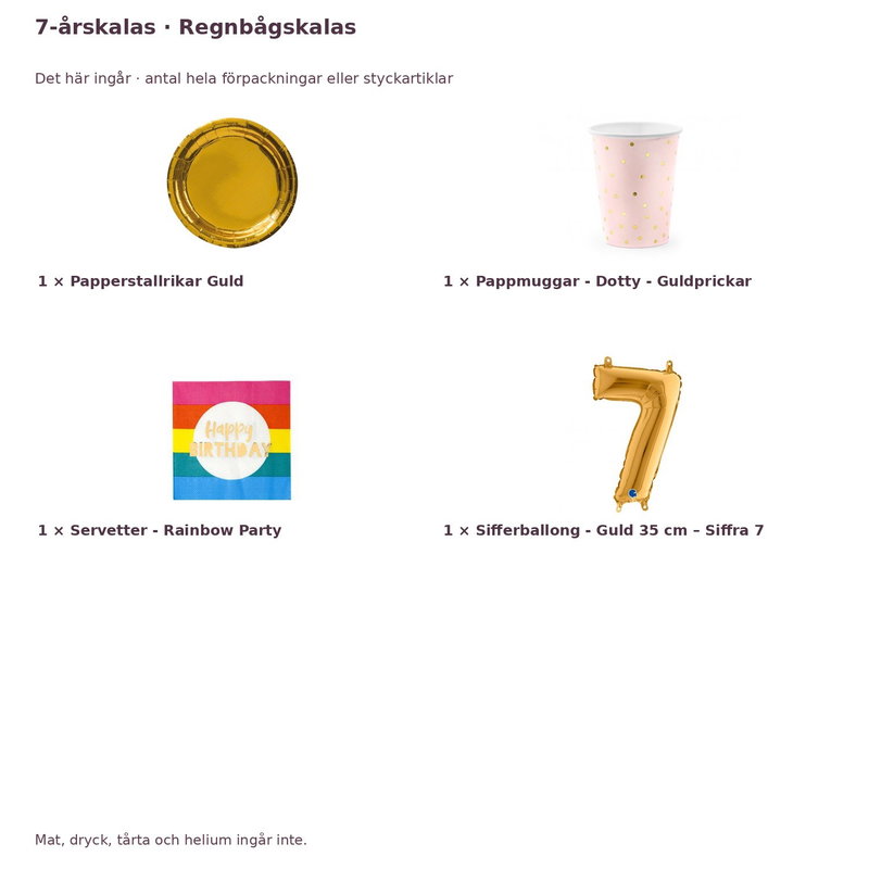 7-årskalas, Regnbågskalas, kalaspaket, 6 gäster – innehåll och antal förpackningar