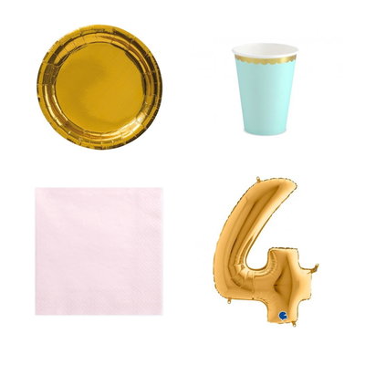 4-årskalas, Mint, rosa och guld, kalaspaket, 6 gäster – paketets produkter med sifferballong 100 cm