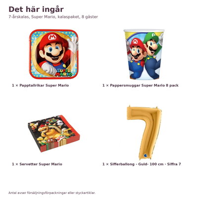 7-årskalas, Super Mario, kalaspaket, 8 gäster – innehåll och antal, sifferballong 100 cm