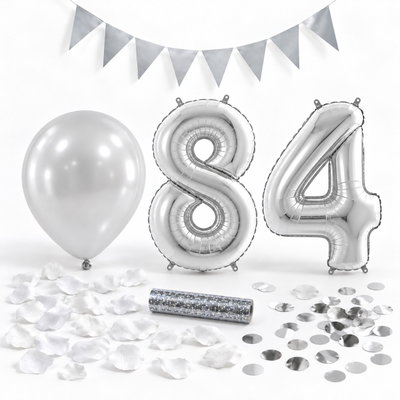 84-års festpaket, Silver, Stor – paketets dekorationer på vit bakgrund