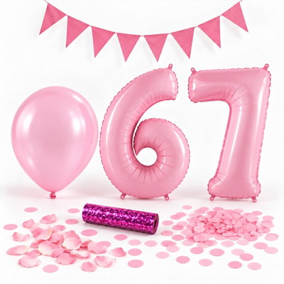 67-års festpaket, Rosa, Stor – paketets dekorationer på vit bakgrund