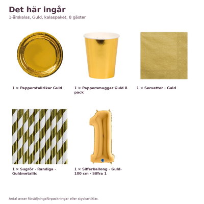 1-årskalas, Guld, kalaspaket, 8 gäster – innehåll och antal, sifferballong 100 cm