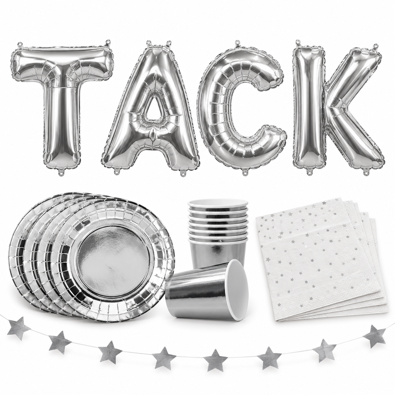 TACK, 100 cm silver bokstavsballonger med silver dukning
