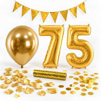 75-års festpaket, Guld, Stor – paketets dekorationer på vit bakgrund