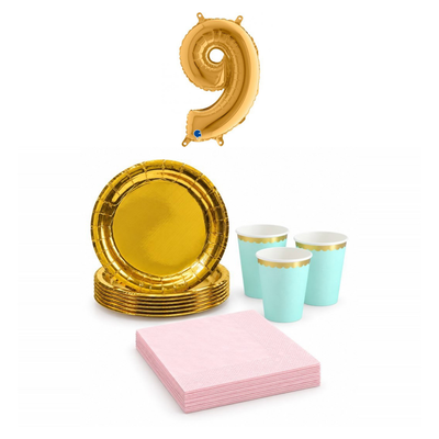9-årskalas, Mint, rosa och guld, kalaspaket, 6 gäster – sammansatt bild av paketets produkter