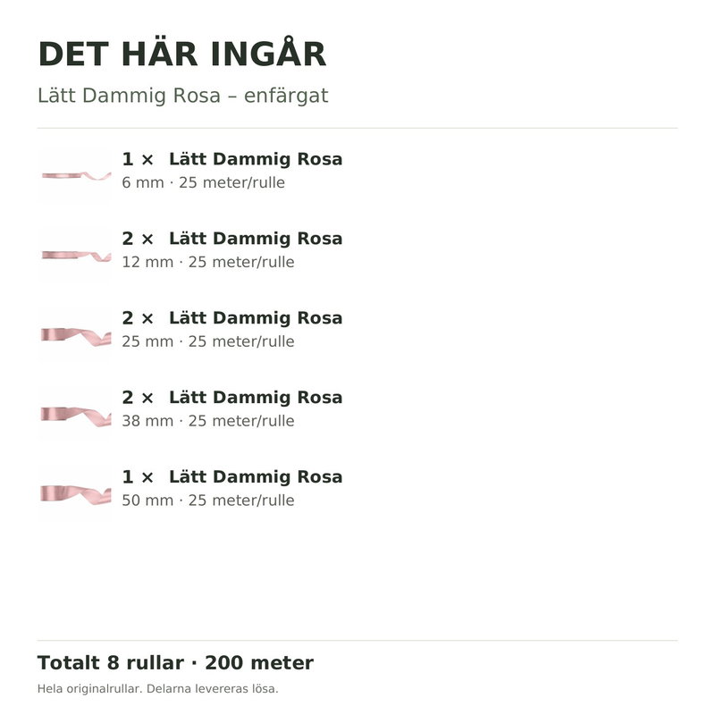 Det här ingår – Satinbandspaket – Lätt Dammig Rosa – 8 rullar