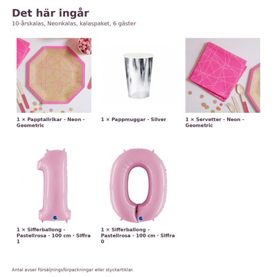 10-årskalas, Neonkalas, kalaspaket, 6 gäster – innehåll och antal, sifferballong 100 cm