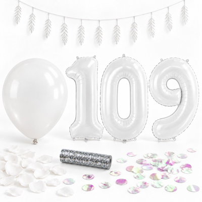 109-års festpaket, Vitt, Stor – paketets dekorationer på vit bakgrund