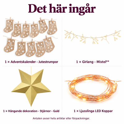 Det här ingår: Advent på väggen – 24 jutestrumpor under mistel och stjärnor