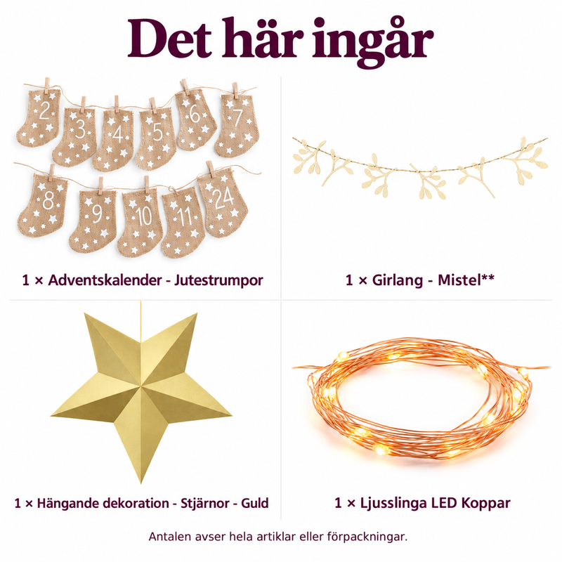 Det här ingår: Advent på väggen – 24 jutestrumpor under mistel och stjärnor