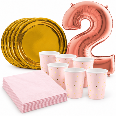 2-årskalas, Rosa och guld, kalaspaket, 6 gäster – samlat paketinnehåll