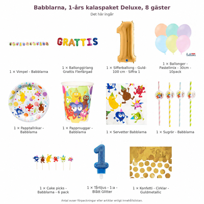 Babblarna, 1-års kalaspaket Deluxe, 8 gäster – innehåll och antal förpackningar