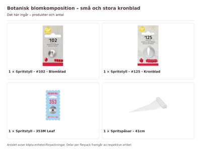 Botanisk blomkomposition – små och stora kronblad – innehåll och antal förpackningar