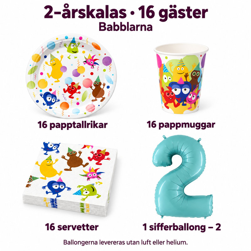 2-årskalas, Babblarna, kalaspaket, 16 gäster – innehåll och antal