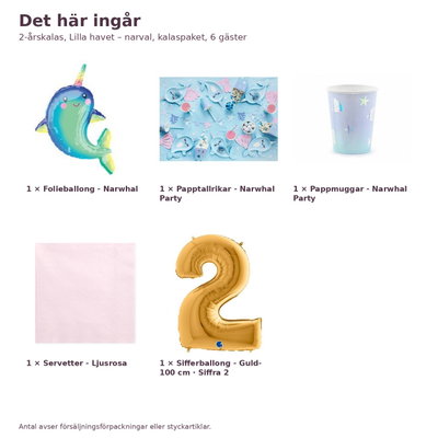 2-årskalas, Lilla havet – narval, kalaspaket, 6 gäster – innehåll och antal, sifferballong 100 cm