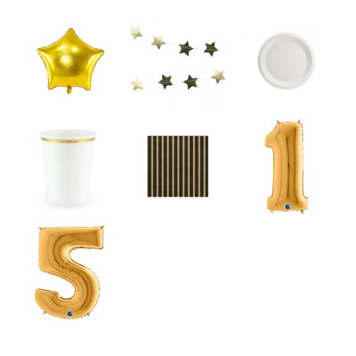 15-årskalas, Hollywoodtema – stjärnor och guld, kalaspaket, 6 gäster – paketets produkter med sifferballong 100 cm