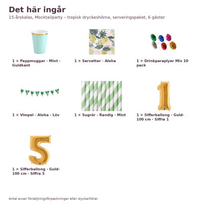 15-årskalas, Mocktailparty – tropisk dryckeshörna, serveringspaket, 6 gäster – innehåll och antal, sifferballong 100 cm