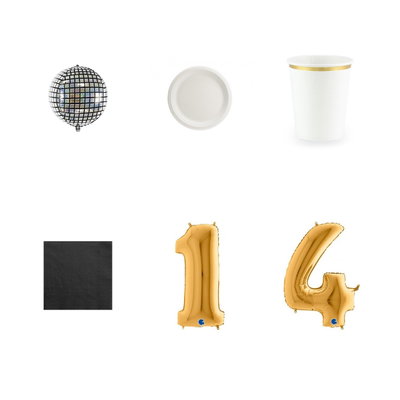 14-årskalas, Discokalas, kalaspaket, 6 gäster – paketets produkter med sifferballong 100 cm
