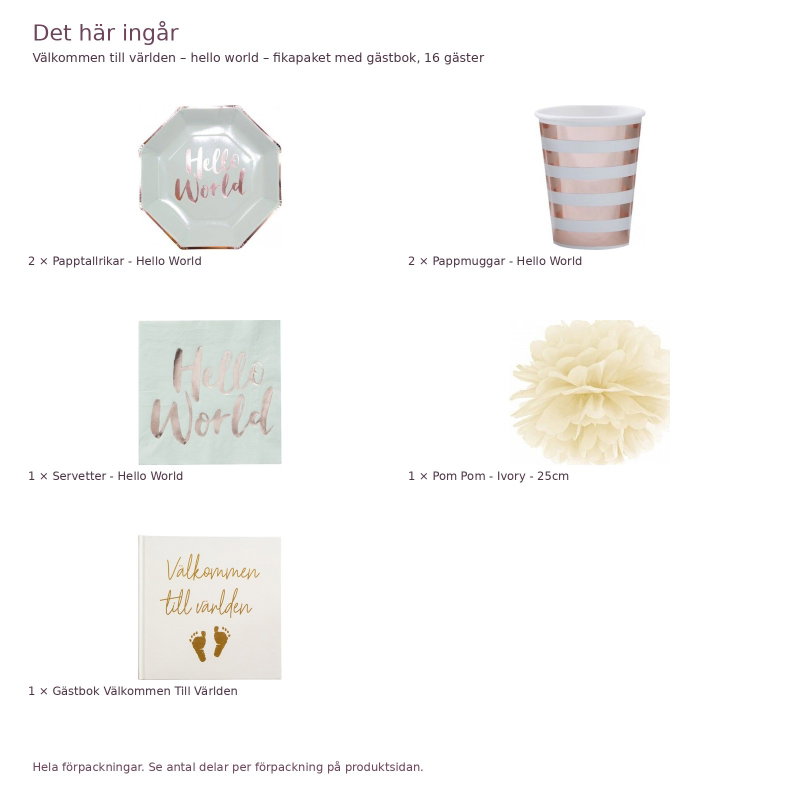 Välkommen till världen – hello world – fikapaket med gästbok, 16 gäster – innehåll och antal förpackningar