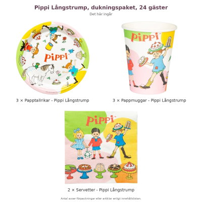 Pippi Långstrump, dukningspaket, 24 gäster – innehåll och antal förpackningar